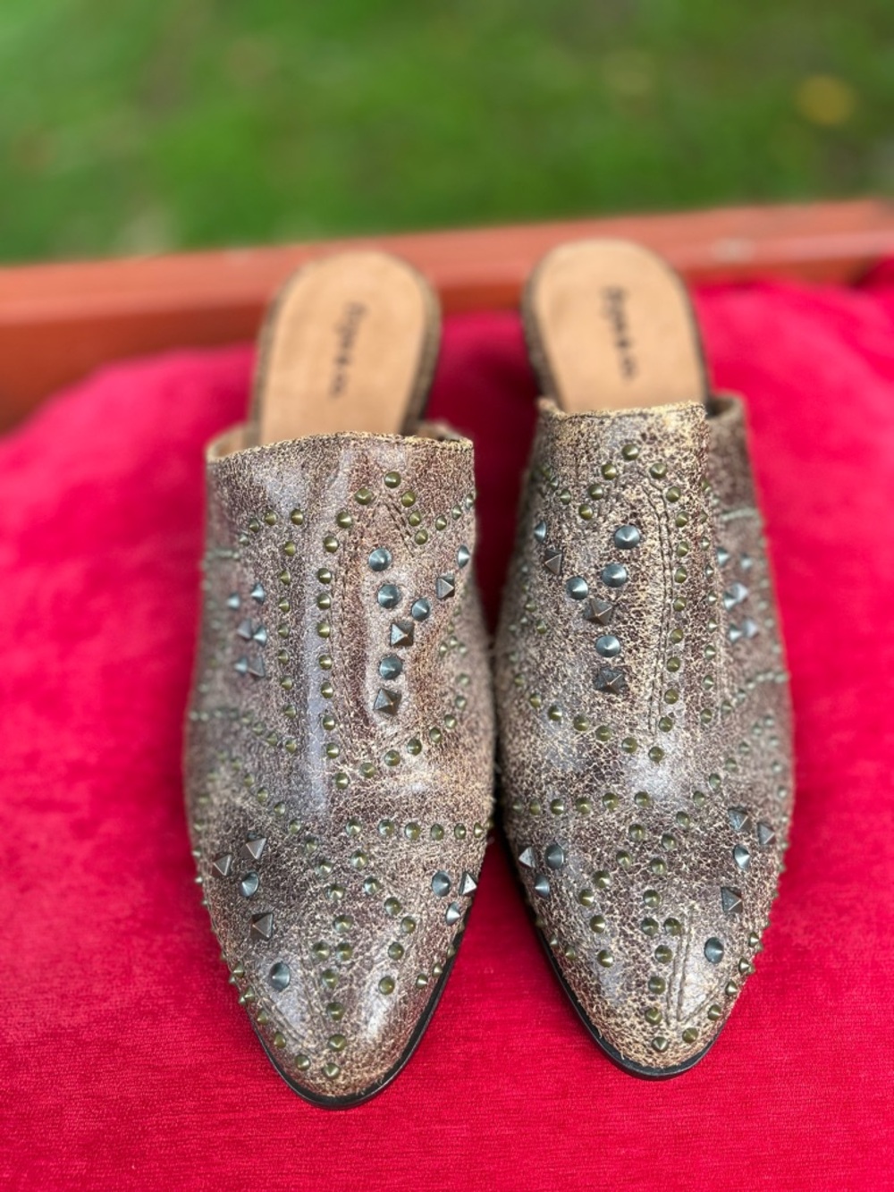 FRYE AND CO. Studded Metallic Bronze Slip-On Mules